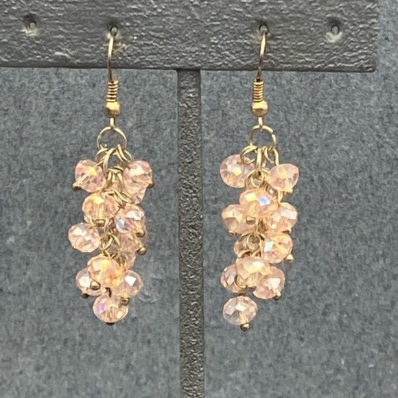 Dangle Pierced Earrings Pink Iridescent Faceted Beads Silver Soft Girl Barbie - Picture 2 of 5